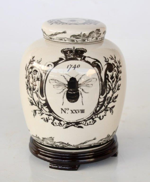 Small Black & White Ginger Jar Wooden Base